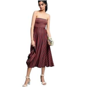 Maeve Navy Blue Rust Striped Penny Strapless Midi Dress Size S Small